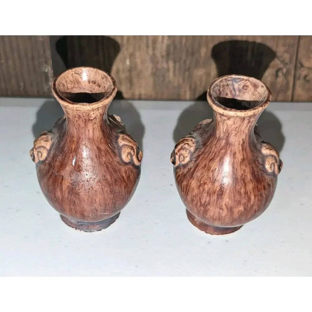 Vintage Japanese Banko Ware Mini Vases Pair Hand Carved 3D Relief Clay Pottery